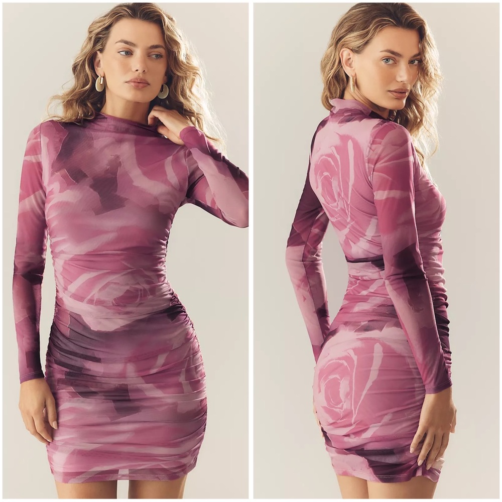 Maya Ruched Cowl-Neck Mini Dress Sz M – Evening Chic, Romantic Floral